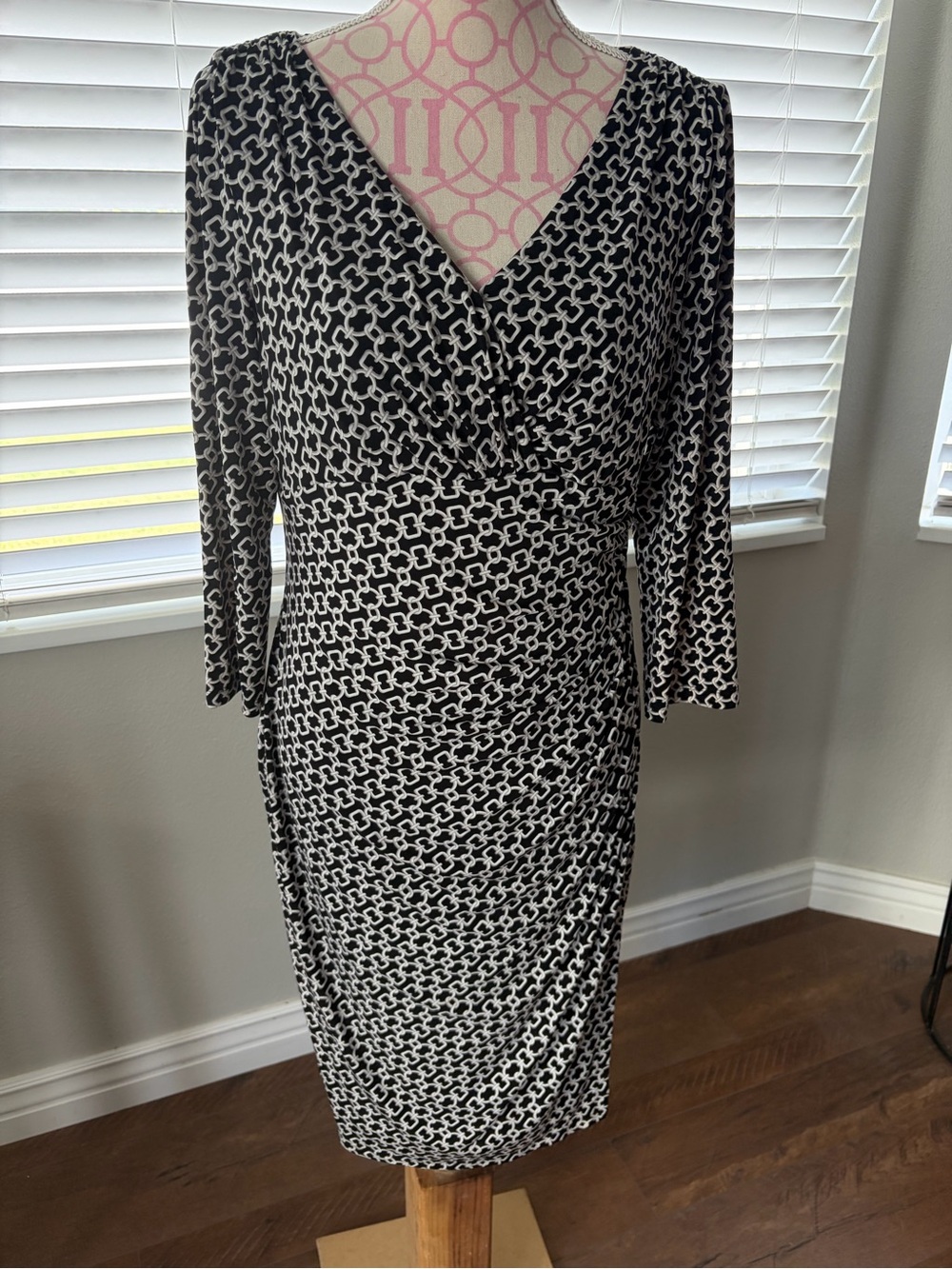 Ralph Lauren Black & White Geometric Wrap-Style Midi Dress